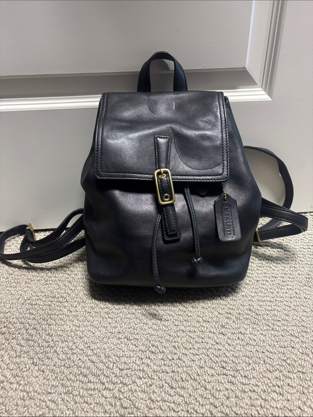 Classic Coach Black Leather Mini Backpack with Gold Hardware
